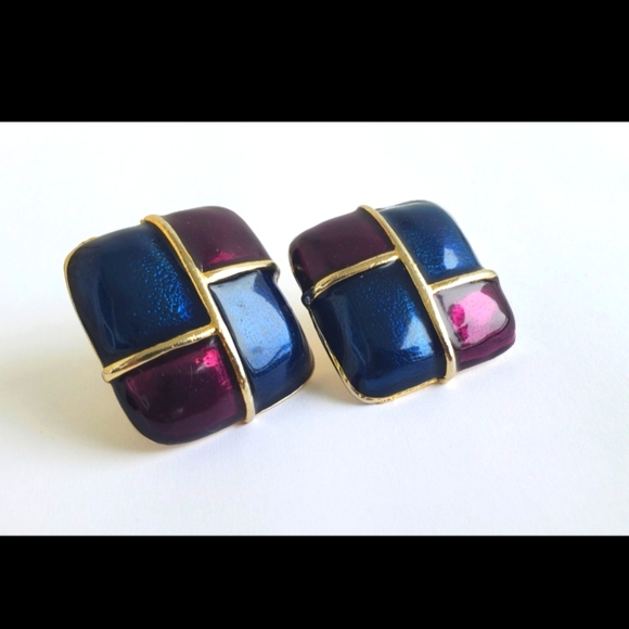 Vintage 1980's Chunky Enamel Earrings clip ons Blue, Purple - Picture 2 of 5
